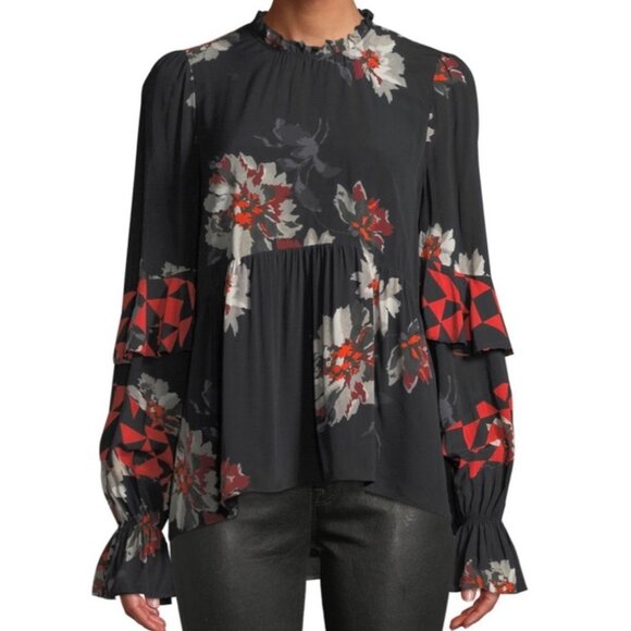 Joie Ronette Blouse Flowy Crepe Black Floral Top Ruffle Layered Long Sleeves S - Picture 1 of 15